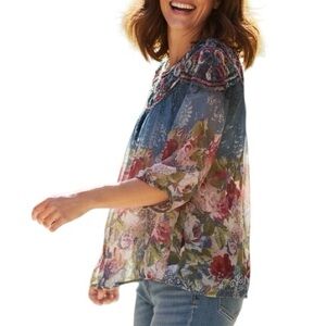 Sundance Blue Floral Silk Boho Blouse